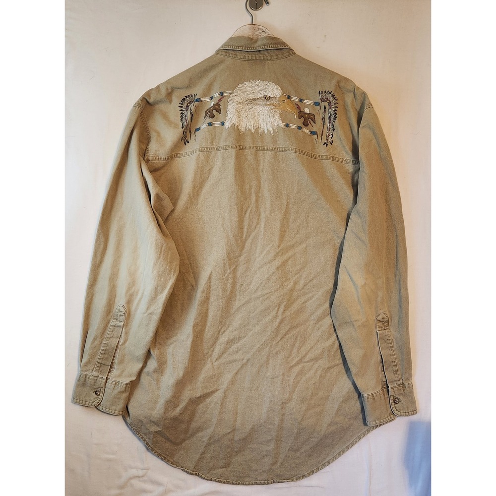 Coldwater Creek Mens XL Tan Cotton Eagle Graphic Button Down Shirt Made in USA